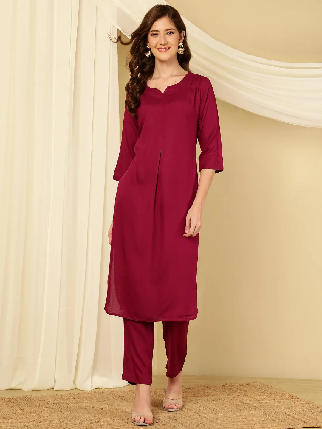 Purple Pleated Straight Kurta With Pants