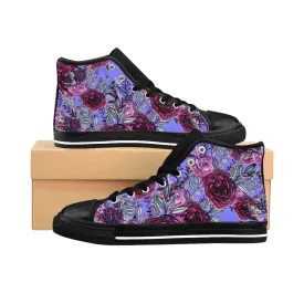 Purple Rose Women's Sneakers, Floral Print Designer High-top Fashion Tennis Canvas Shoes