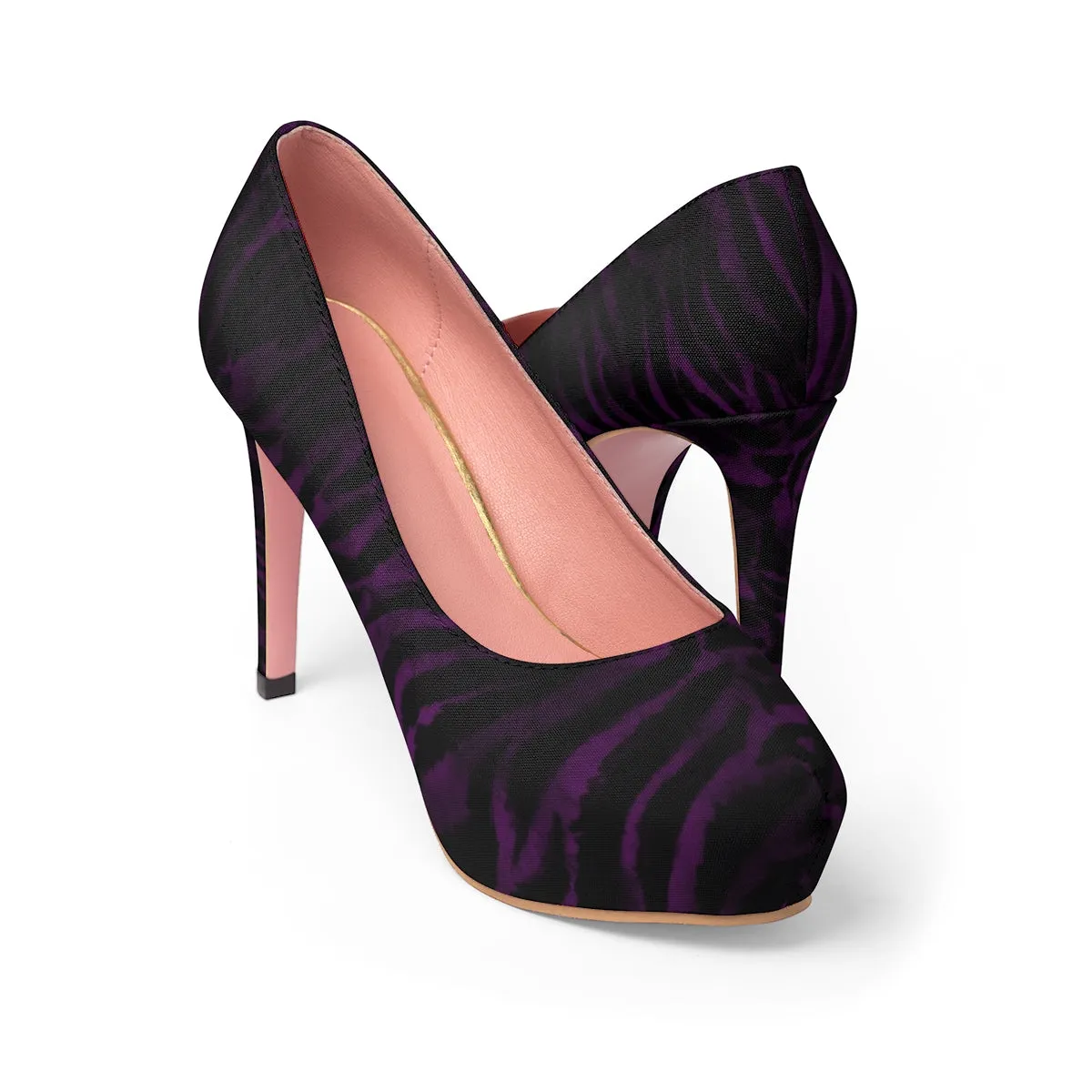 Purple Tiger Stripe High Heels, Animal Print Women's 4"  Designer Stilettos Platform Heels