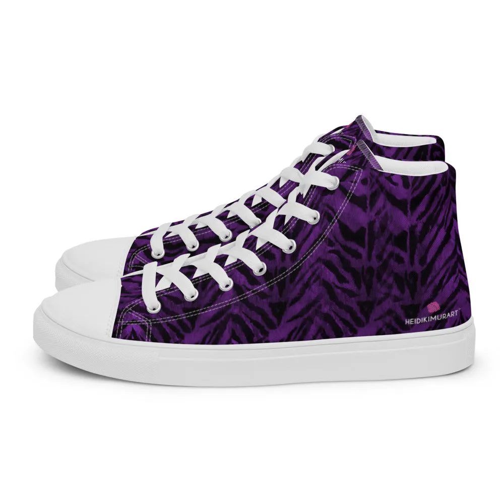 Purple Tiger Striped Men's Sneakers, Tiger Faux Skin Striped Animal Print Designer High Tops For Men