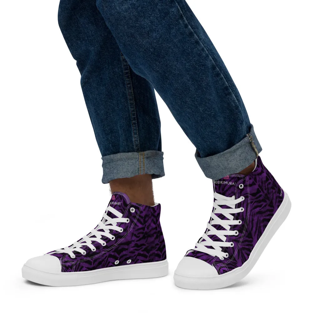 Purple Tiger Striped Men's Sneakers, Tiger Faux Skin Striped Animal Print Designer High Tops For Men