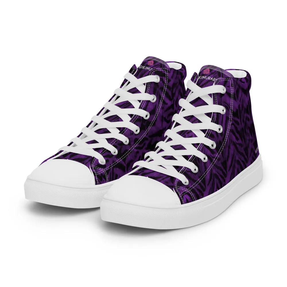 Purple Tiger Striped Men's Sneakers, Tiger Faux Skin Striped Animal Print Designer High Tops For Men