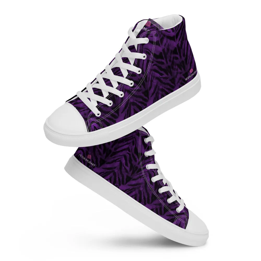 Purple Tiger Striped Men's Sneakers, Tiger Faux Skin Striped Animal Print Designer High Tops For Men