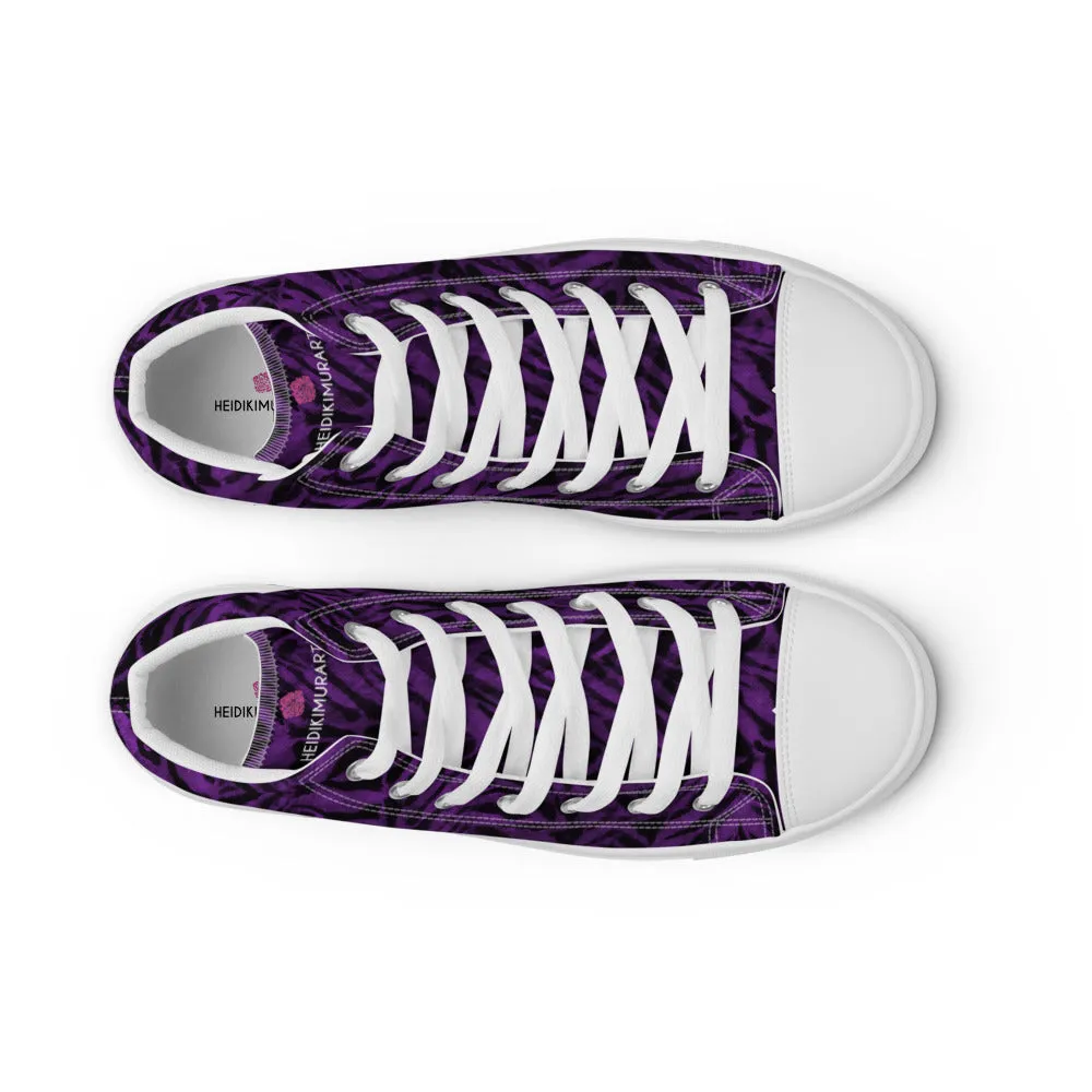 Purple Tiger Striped Women's Sneakers, Animal Print Designer Tiger Stripes High Top Tennis Shoes