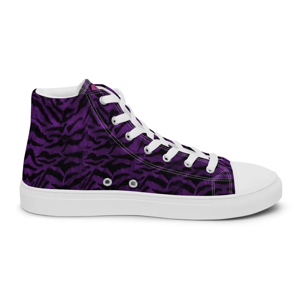 Purple Tiger Striped Women's Sneakers, Animal Print Designer Tiger Stripes High Top Tennis Shoes