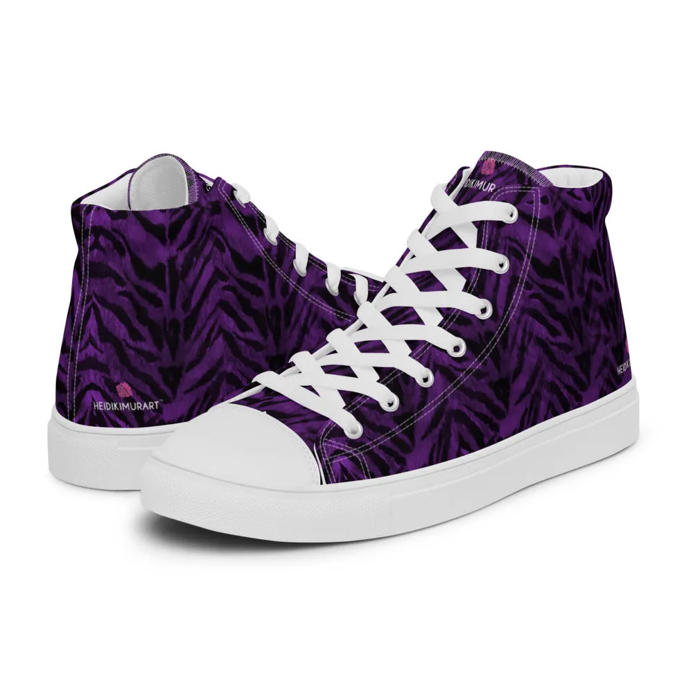 Purple Tiger Striped Women's Sneakers, Animal Print Designer Tiger Stripes High Top Tennis Shoes