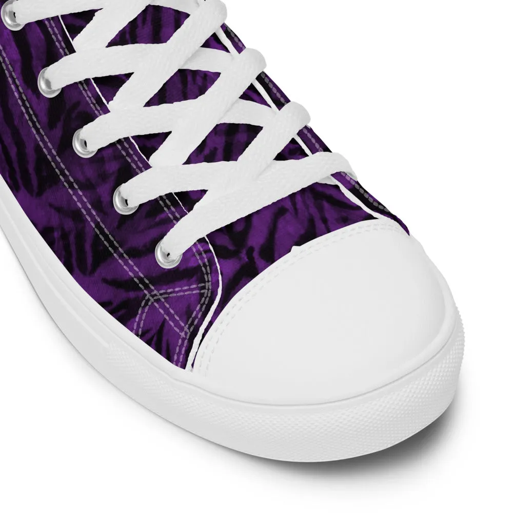 Purple Tiger Striped Women's Sneakers, Animal Print Designer Tiger Stripes High Top Tennis Shoes