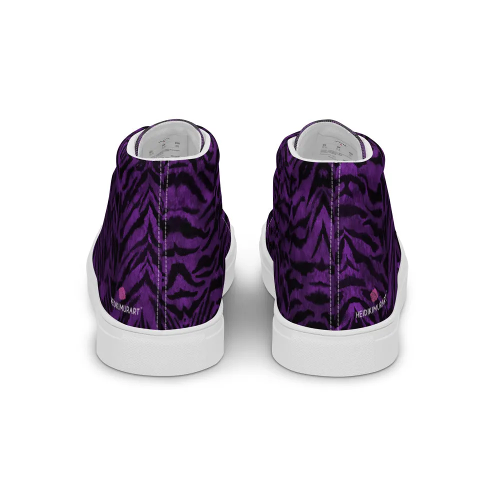 Purple Tiger Striped Women's Sneakers, Animal Print Designer Tiger Stripes High Top Tennis Shoes