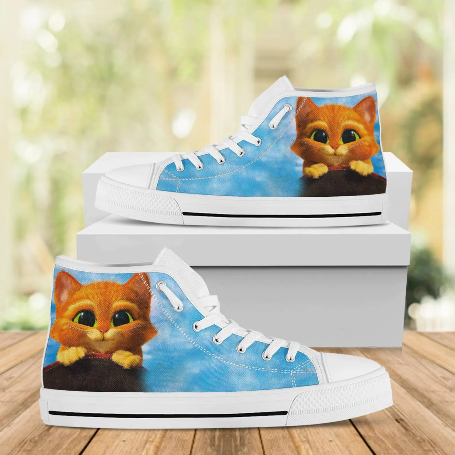 Puss In Boots Custom Shoes, Custom Movie Shoes, Movie Hightops, Disney Cartoon, Disney Movie Shoes, Puss Shoes