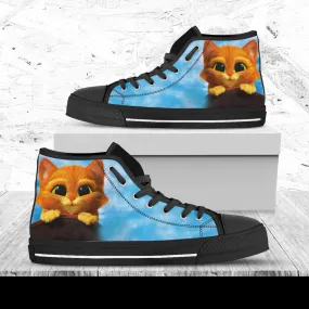 Puss In Boots Custom Shoes, Custom Movie Shoes, Movie Hightops, Disney Cartoon, Disney Movie Shoes, Puss Shoes