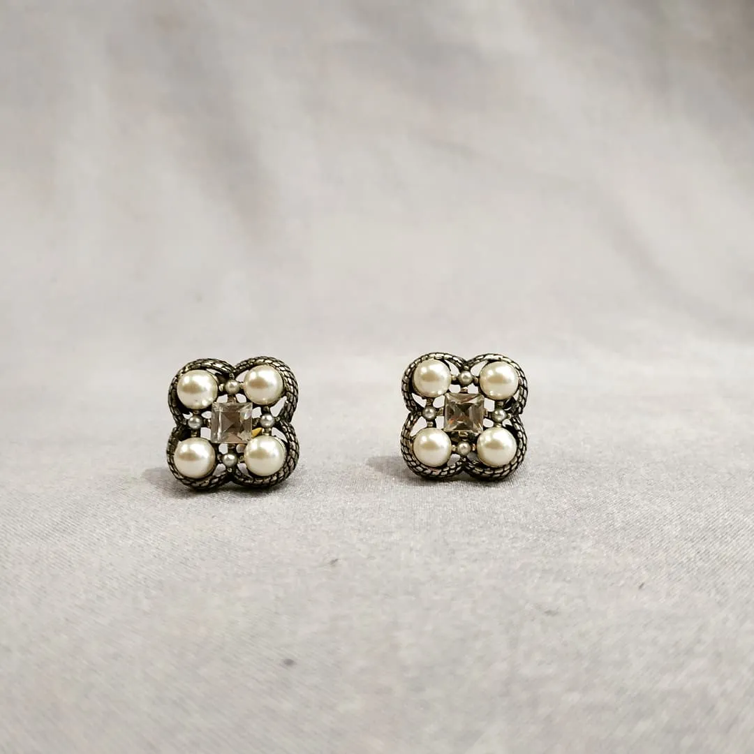 Quatrefoil Pearl Clear Crystal Clip On Earrings by Askew London