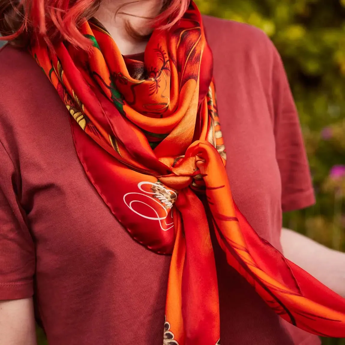 Quetzal Silk Chiffon Scarf - Red Leopard Winter Blue