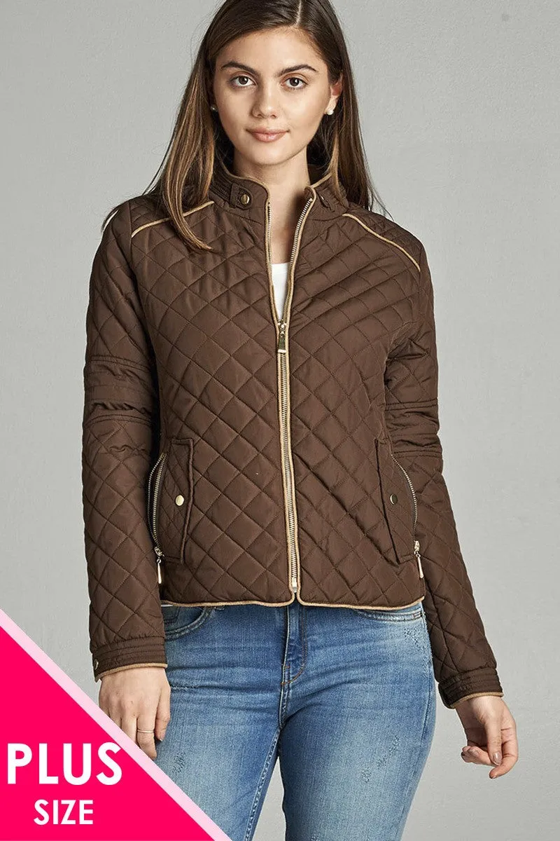 Quilted Padding Jacket With Suede Piping Details