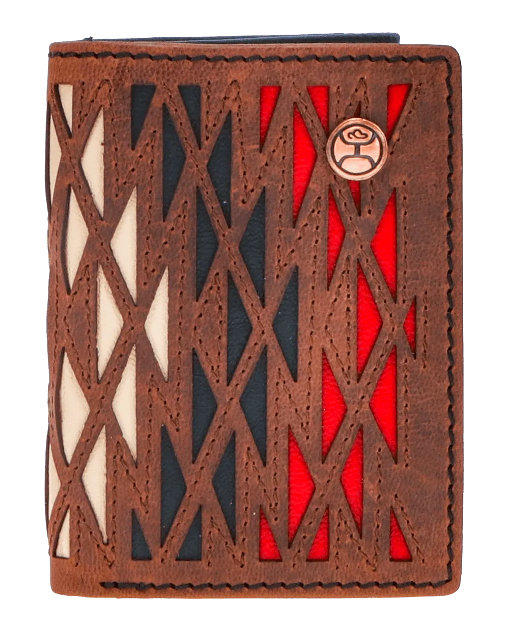 "CHAPAWEE" TRIFOLD HOOEY WALLET IVORY/RED W/LASER CUT AZTEC PRINT