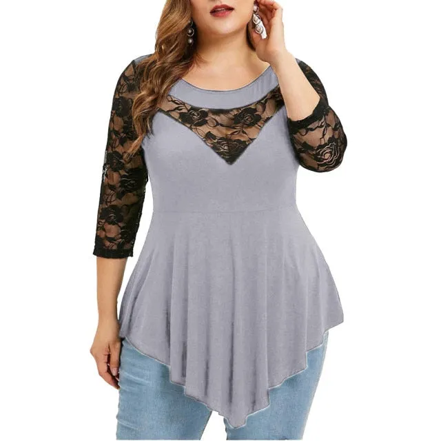 "Ophelia" Solid Floral Lace Asymmetric Blouse