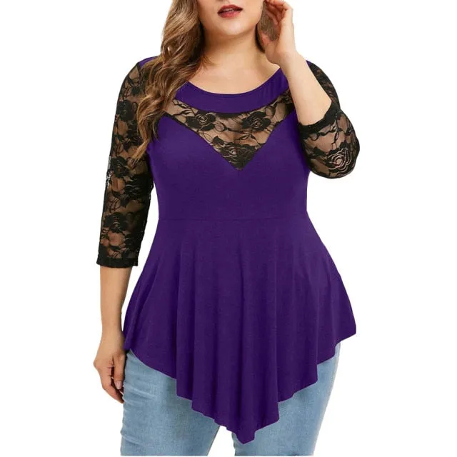 "Ophelia" Solid Floral Lace Asymmetric Blouse