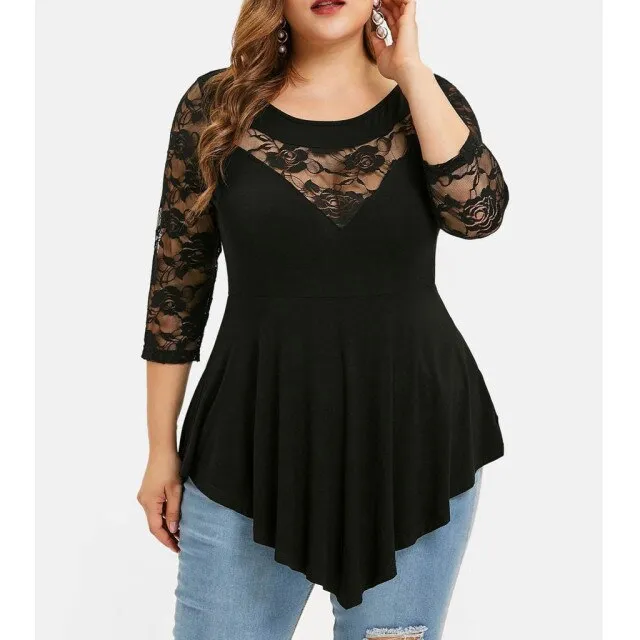 "Ophelia" Solid Floral Lace Asymmetric Blouse