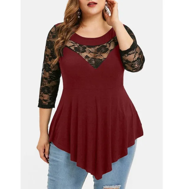 "Ophelia" Solid Floral Lace Asymmetric Blouse