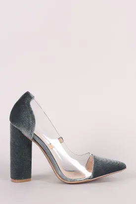 Qupid Crushed Velvet Clear Inset Chunky Heeled Pump