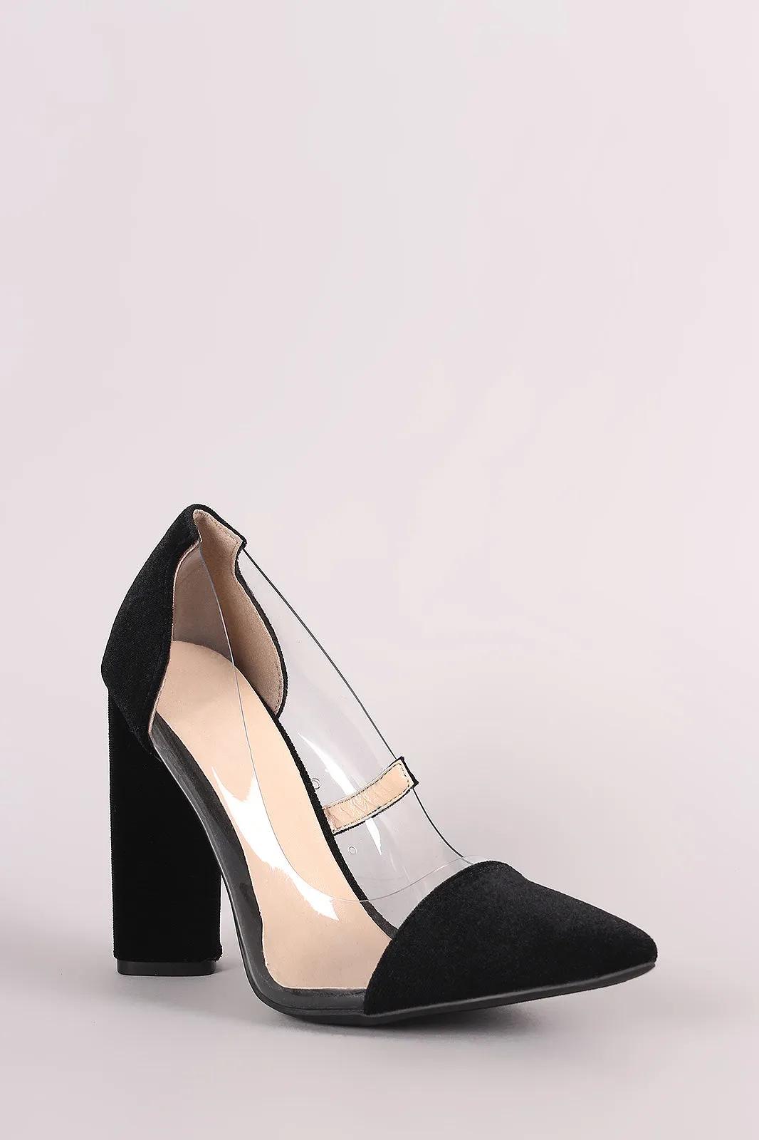 Qupid Crushed Velvet Clear Inset Chunky Heeled Pump