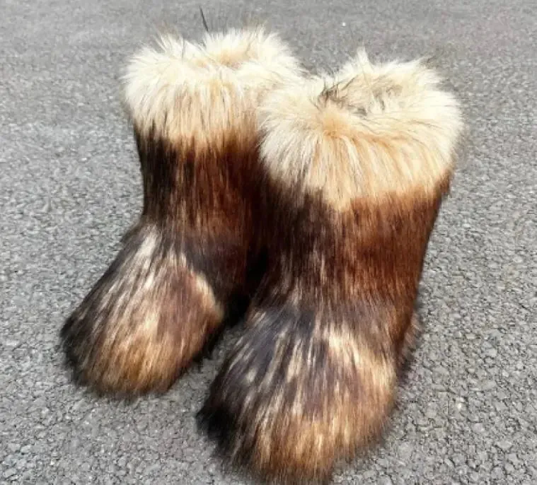 Raccoon Fur Plush Snow Boots