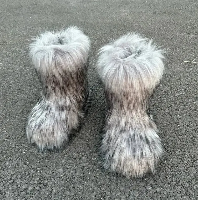 Raccoon Fur Plush Snow Boots