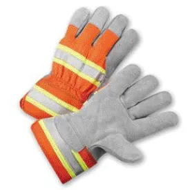 Radnor Large Select Shoulder Leather Palm Gloves With Rubberized Safety Cuff, Fluorescent Orange Polyester Back And Silver Reflective Tape On Knuckles And Cuff