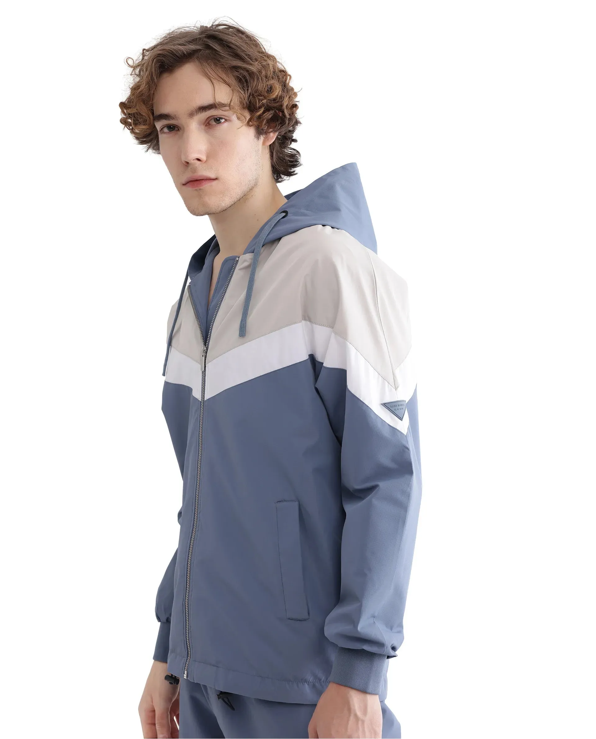 Rare Rabbit Men Waber Light Blue Polyester Fabric Full Sleeve Hooded Zipper Closure Cut and Sew Jacket