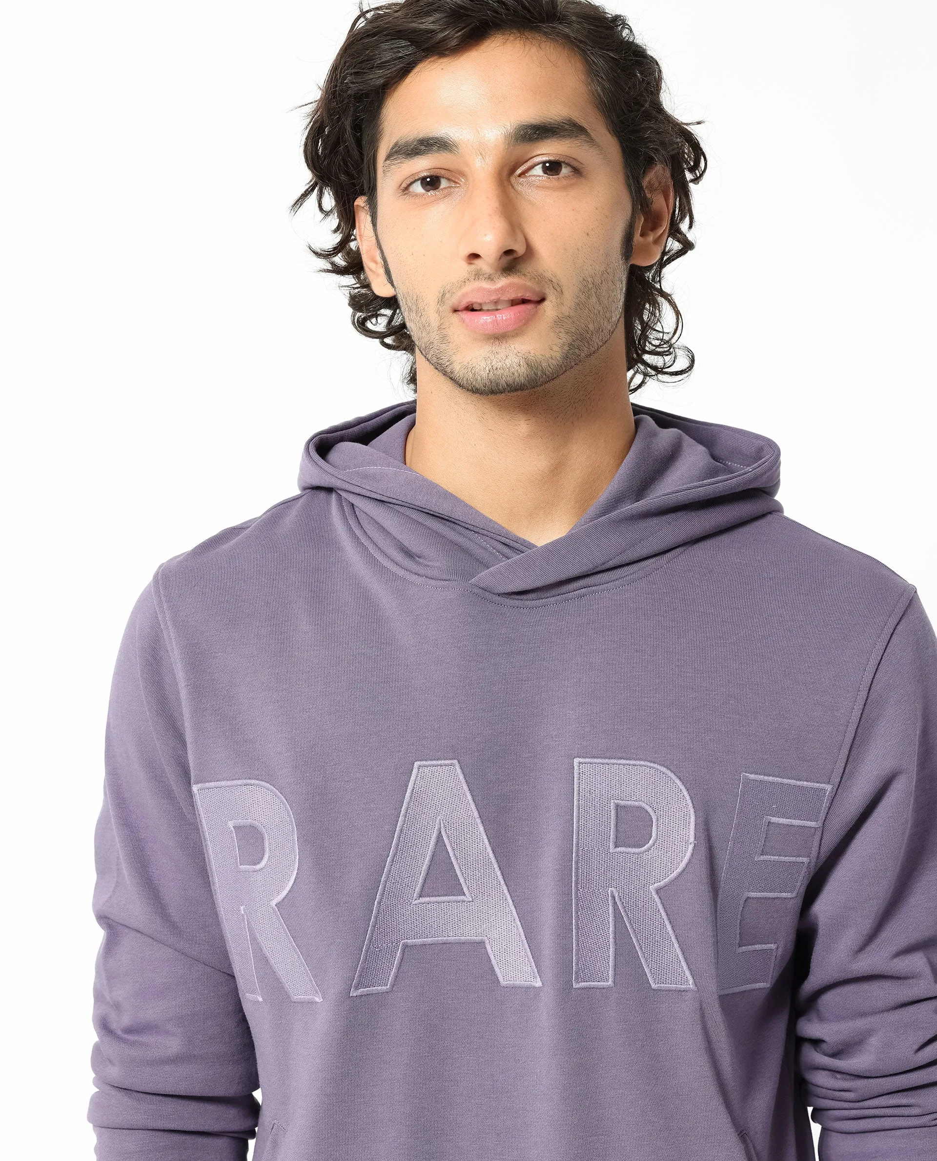 Rare Rabbit Men's April Purple Cotton Polyester Fabric Full Sleeves Embroidery Graphic Print Hooded Sweatshirt