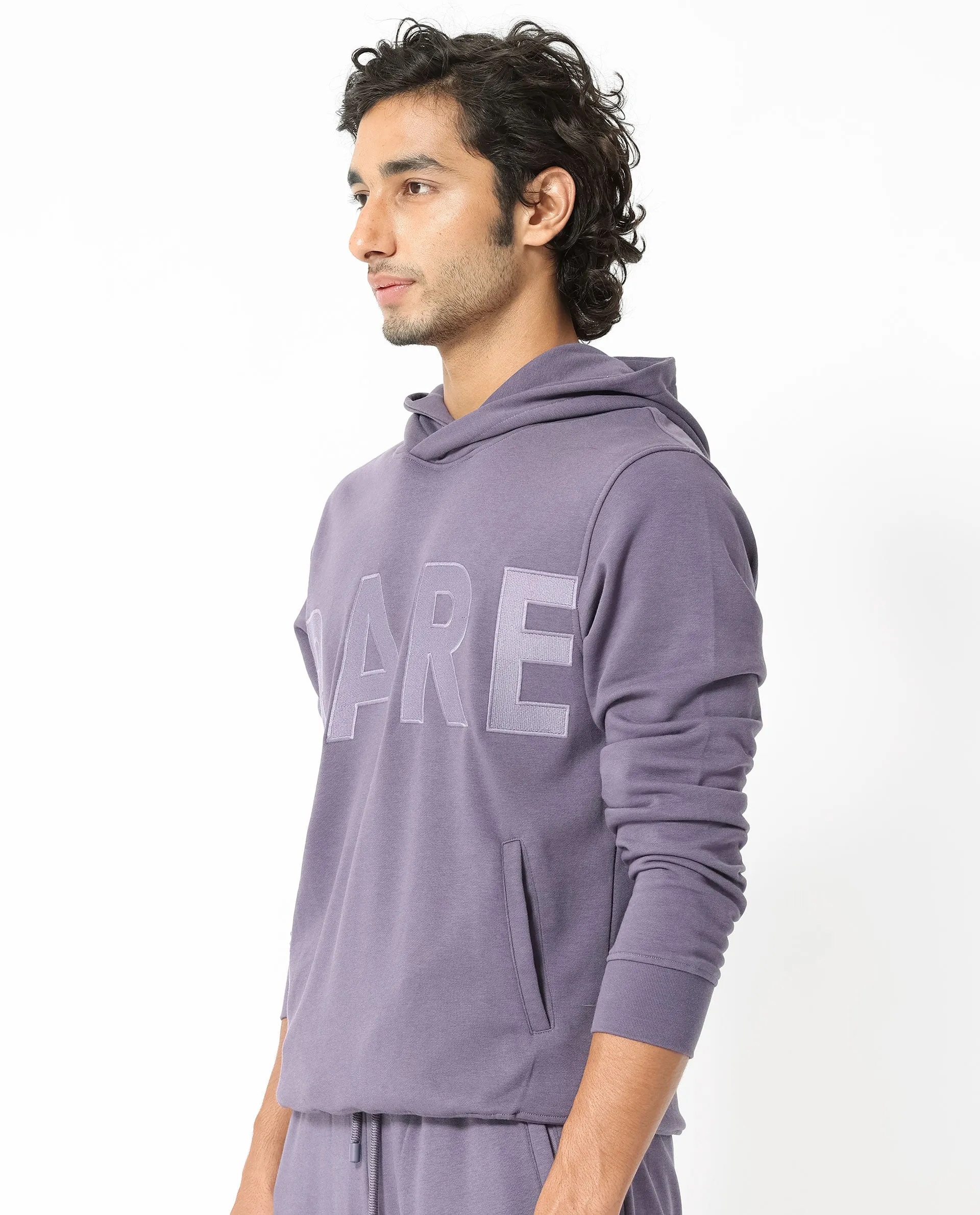 Rare Rabbit Men's April Purple Cotton Polyester Fabric Full Sleeves Embroidery Graphic Print Hooded Sweatshirt