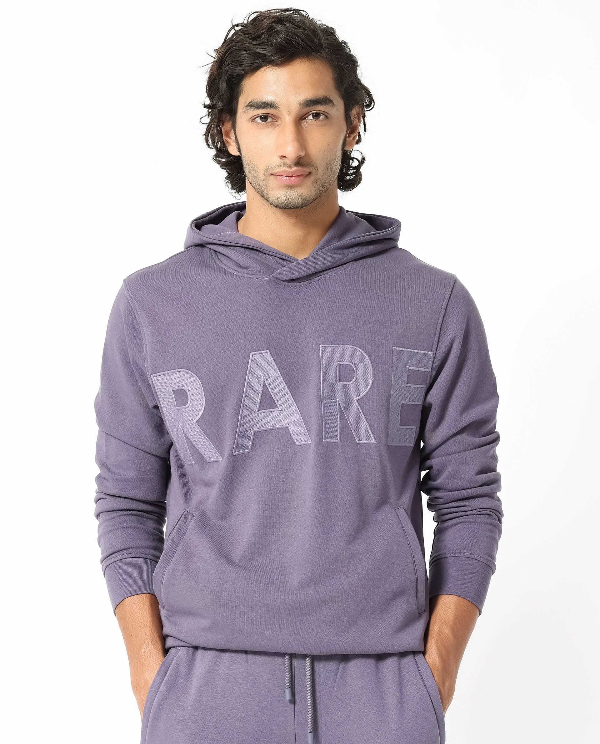 Rare Rabbit Men's April Purple Cotton Polyester Fabric Full Sleeves Embroidery Graphic Print Hooded Sweatshirt