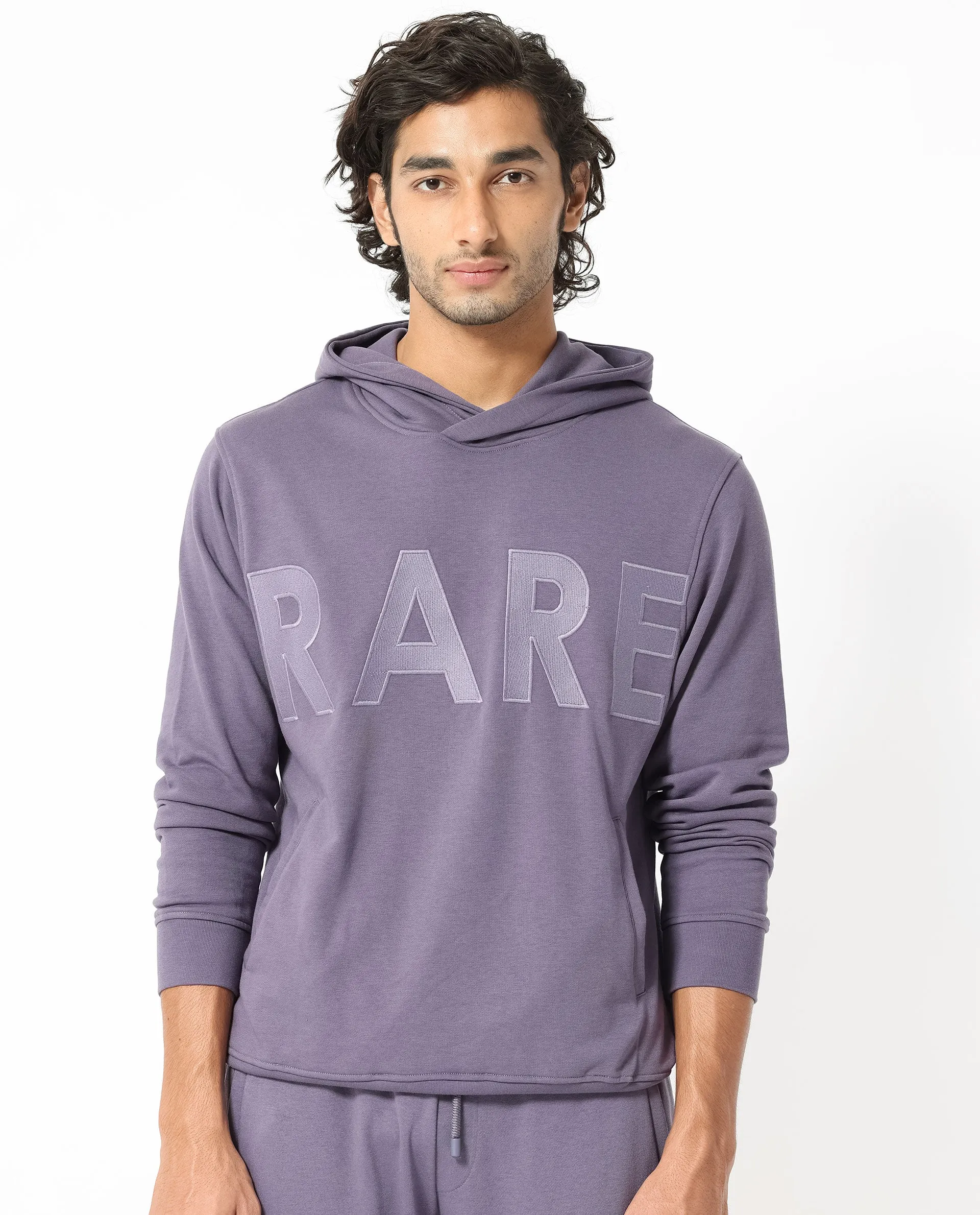 Rare Rabbit Men's April Purple Cotton Polyester Fabric Full Sleeves Embroidery Graphic Print Hooded Sweatshirt