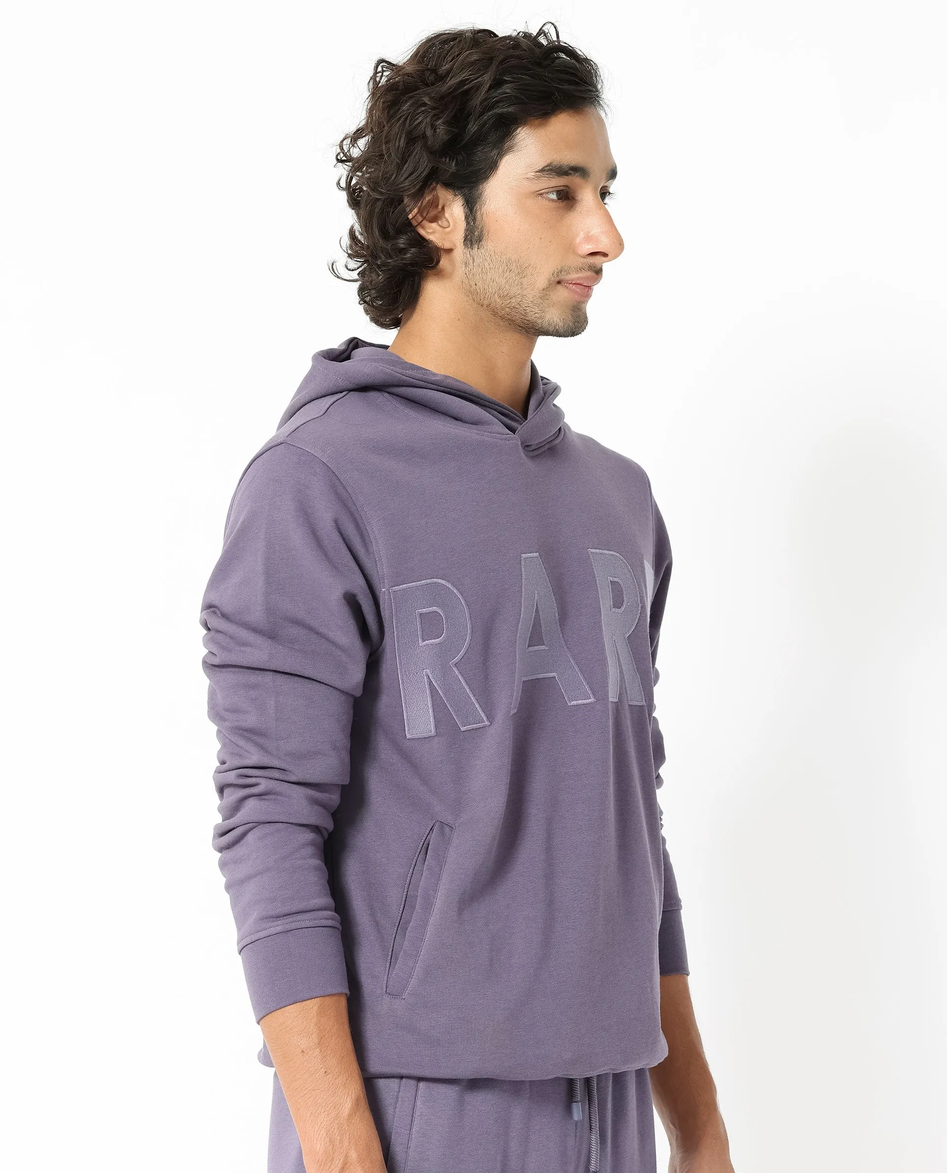 Rare Rabbit Men's April Purple Cotton Polyester Fabric Full Sleeves Embroidery Graphic Print Hooded Sweatshirt