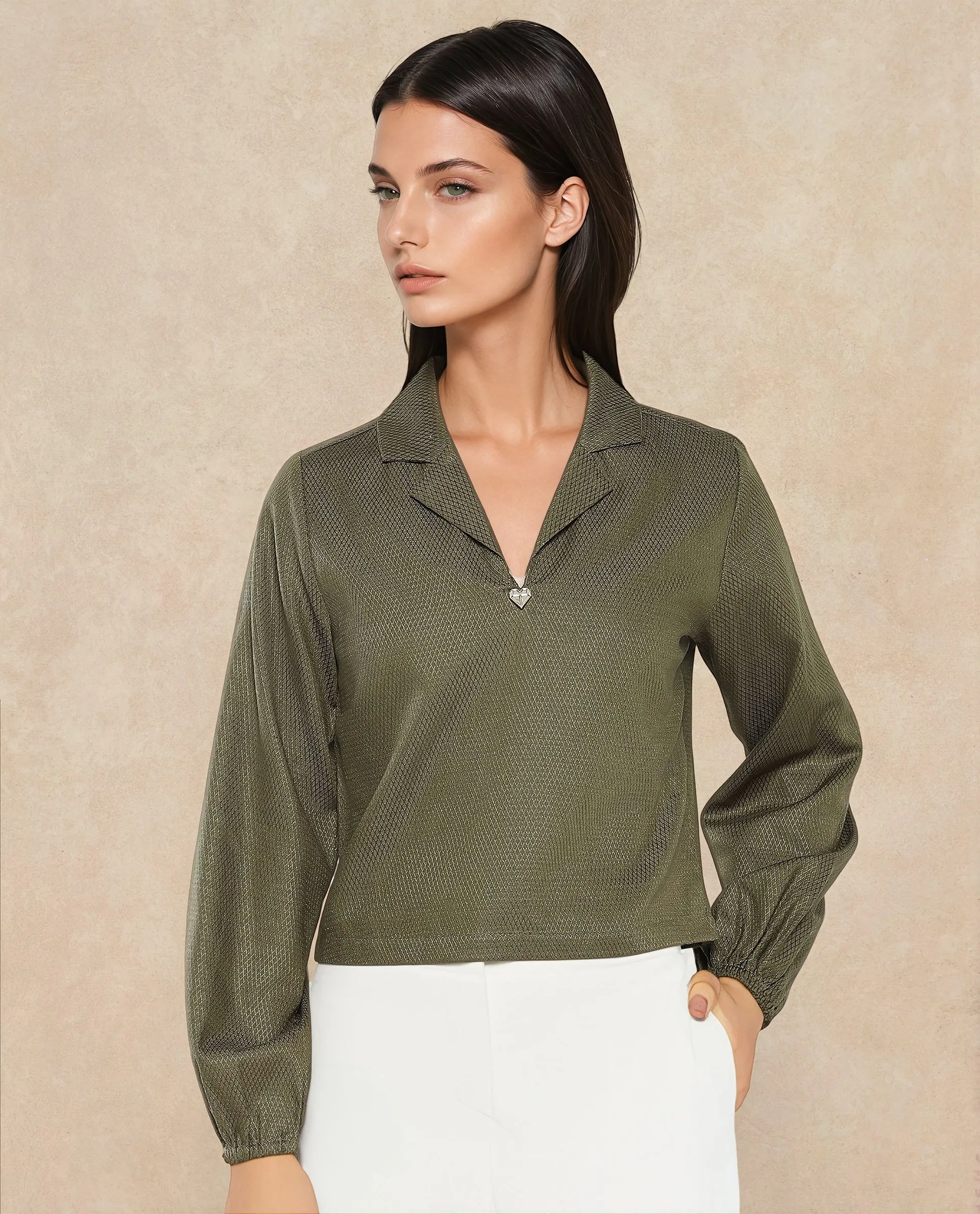 Rareism Women Istanbul Green Bishop Sleeve Lapel Collar Cropped Plain Top