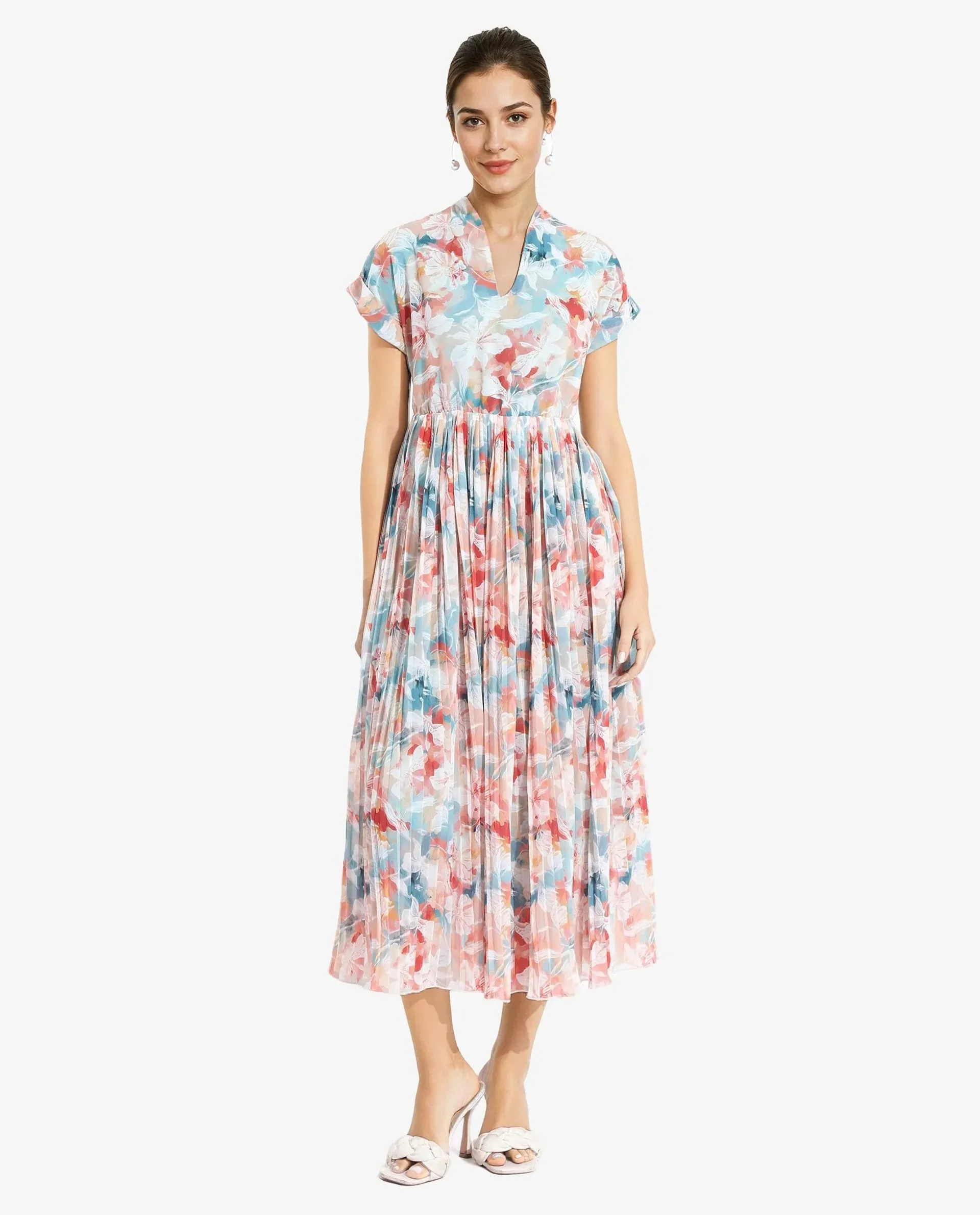 Rareism Women Zinuzu Light Multi Extended Sleeves V-Neck Fit And Flare Midi Floral Print Dress