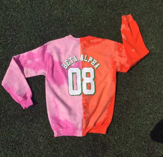 Rashan Ali Handmade FAMU AKA Beta Alpha 08 Hand Bleached Orange/Pink Half&Half Crew Sweatshirt