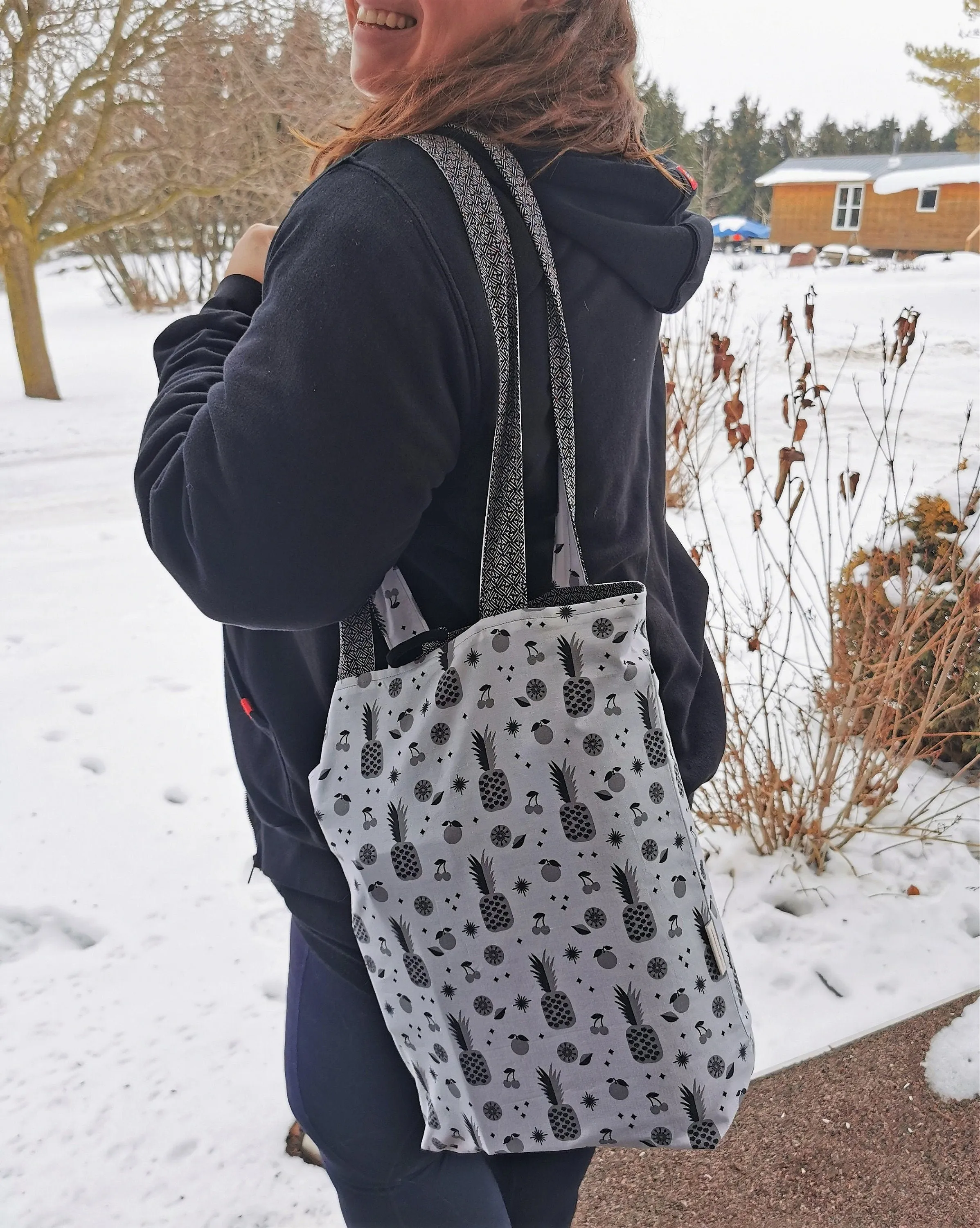 Raspberry Tote Bag, Reusable Cotton Grocery Bag, Compact Shopping Bag for Purse