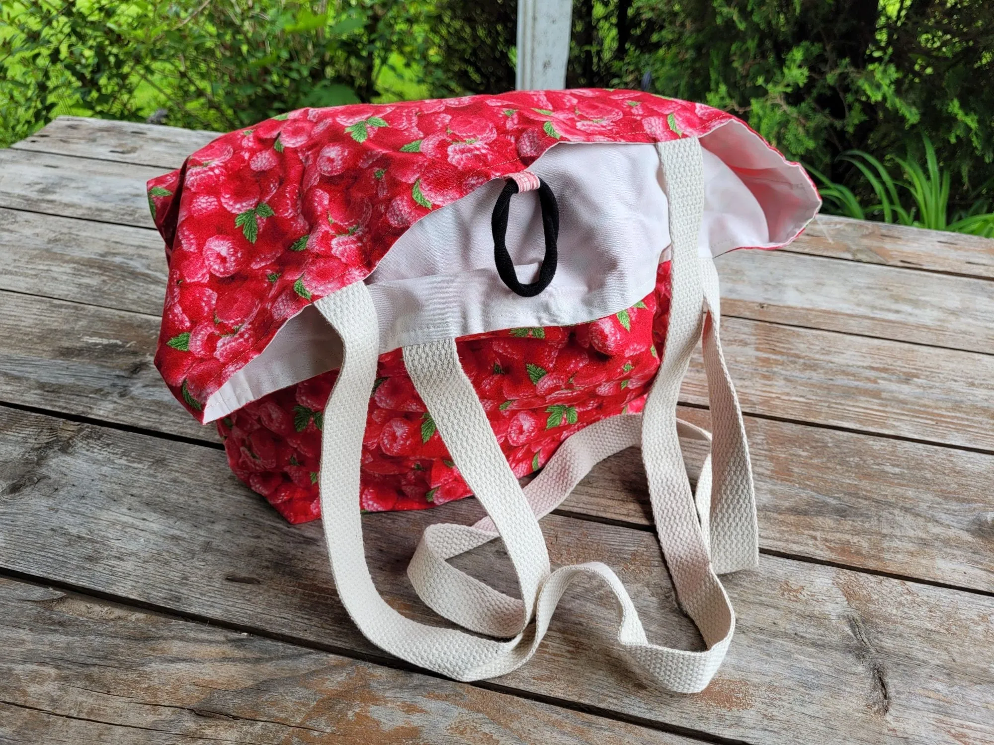 Raspberry Tote Bag, Reusable Cotton Grocery Bag, Compact Shopping Bag for Purse