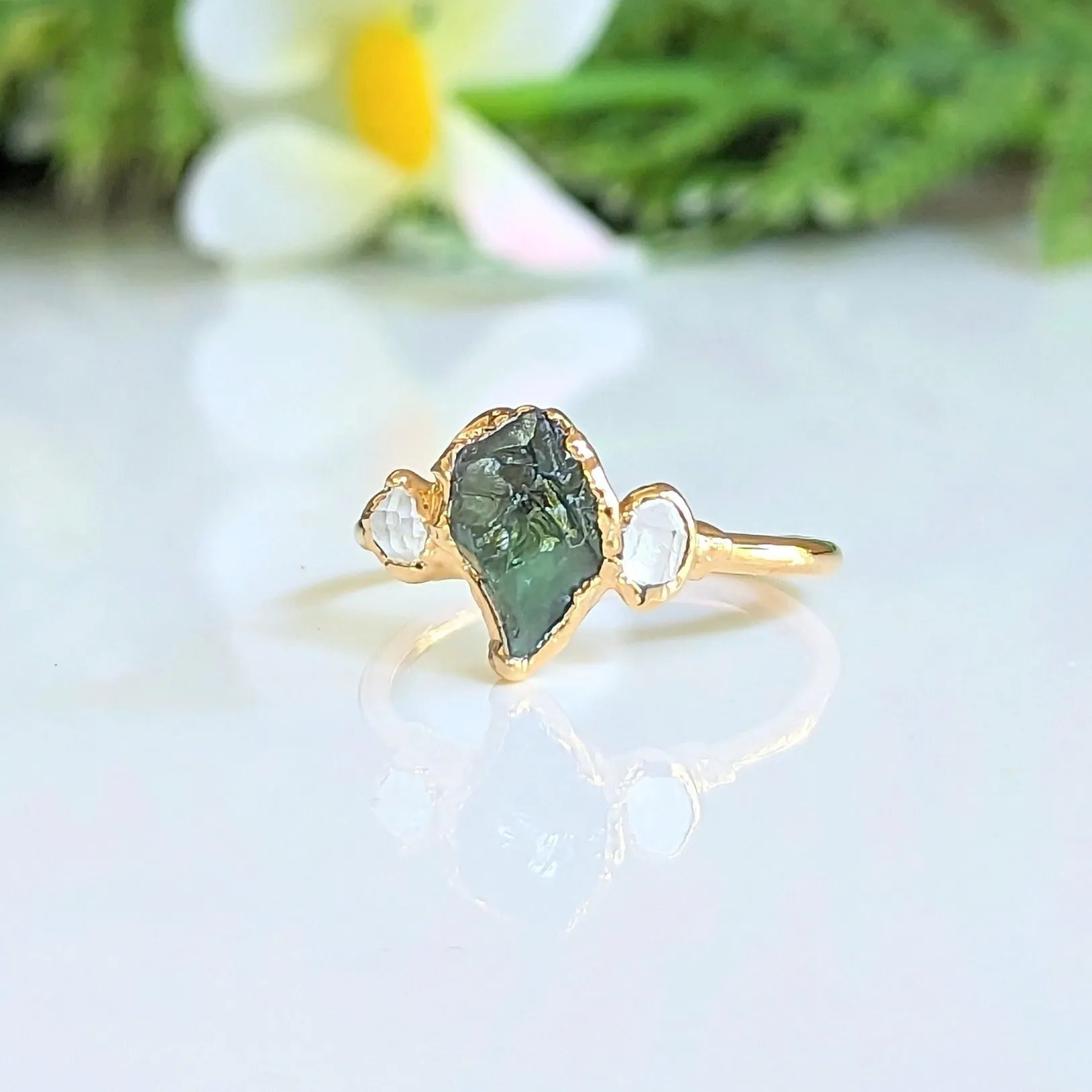 Raw green Sapphire & Herkimer diamond engagement ring