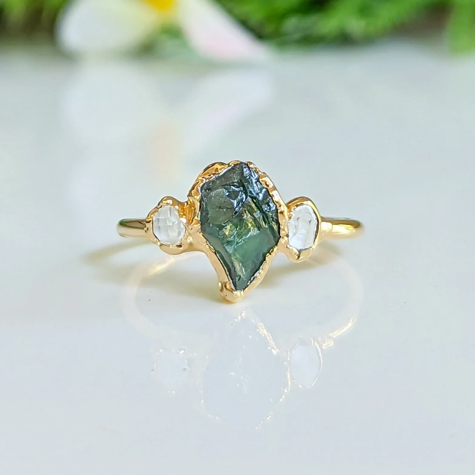 Raw green Sapphire & Herkimer diamond engagement ring