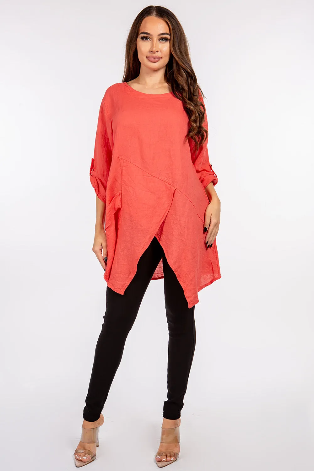 Raw Moda Asymmetric Single Pocket Linen Tunic