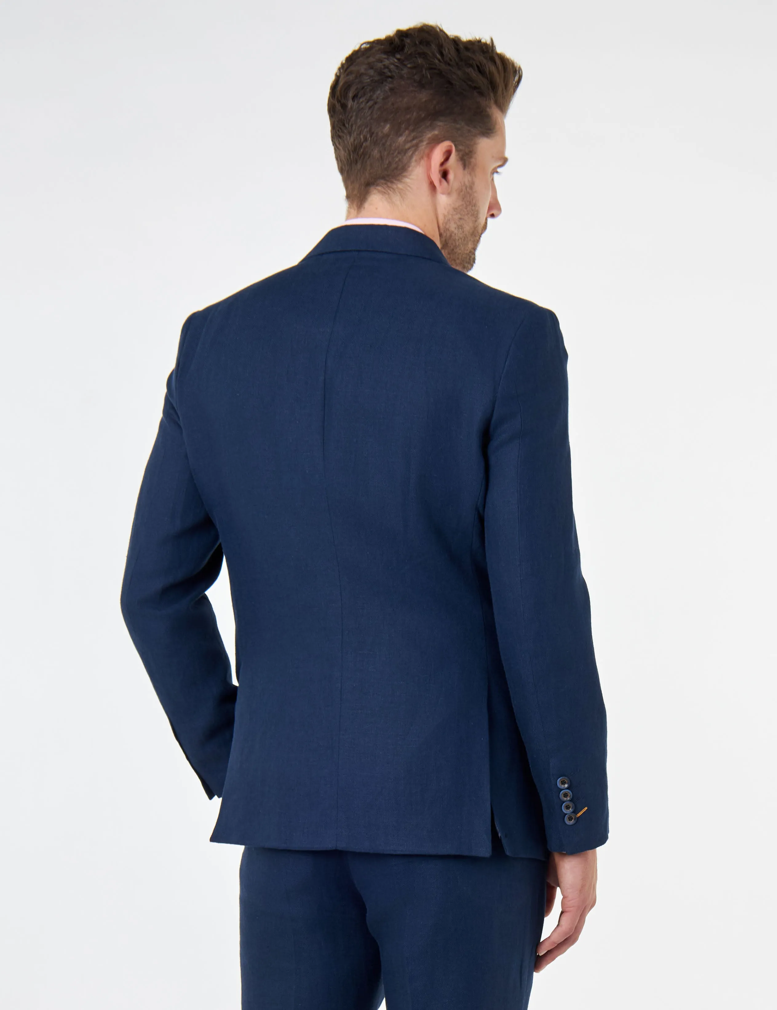 RAY - Tailored Fit Navy Herringbone Linen Double Breasted Jacket