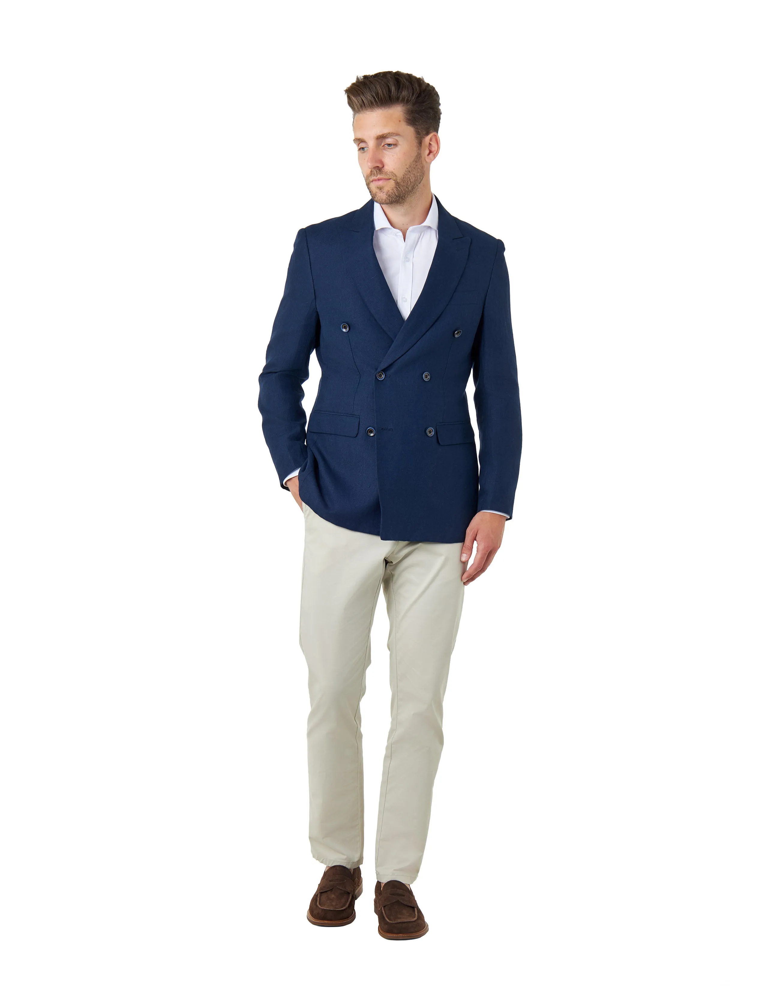 RAY - Tailored Fit Navy Herringbone Linen Double Breasted Jacket