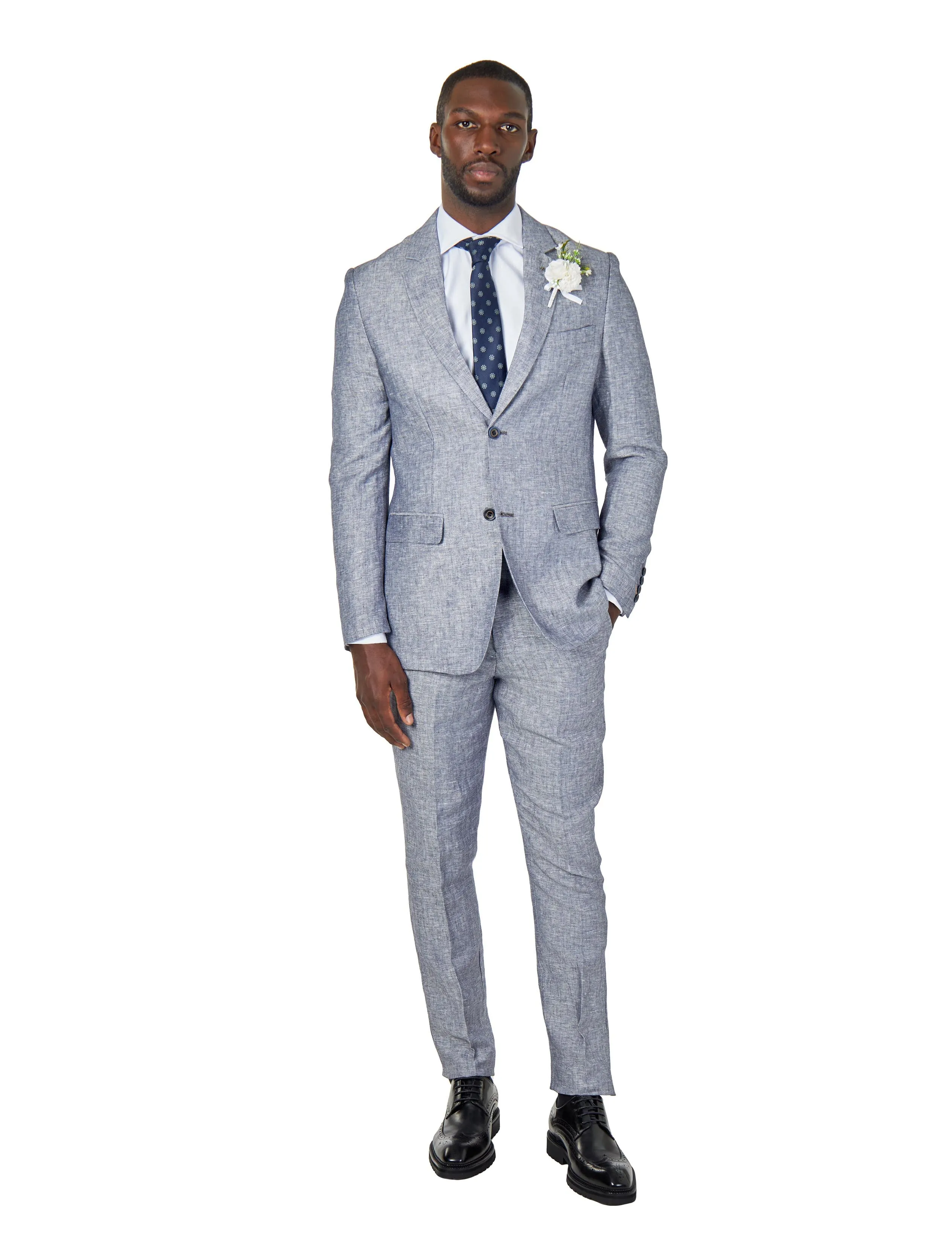 RAY - TAILORED FIT PURE HERRINGBONE LINEN GREY BLUE SUMMER SUIT