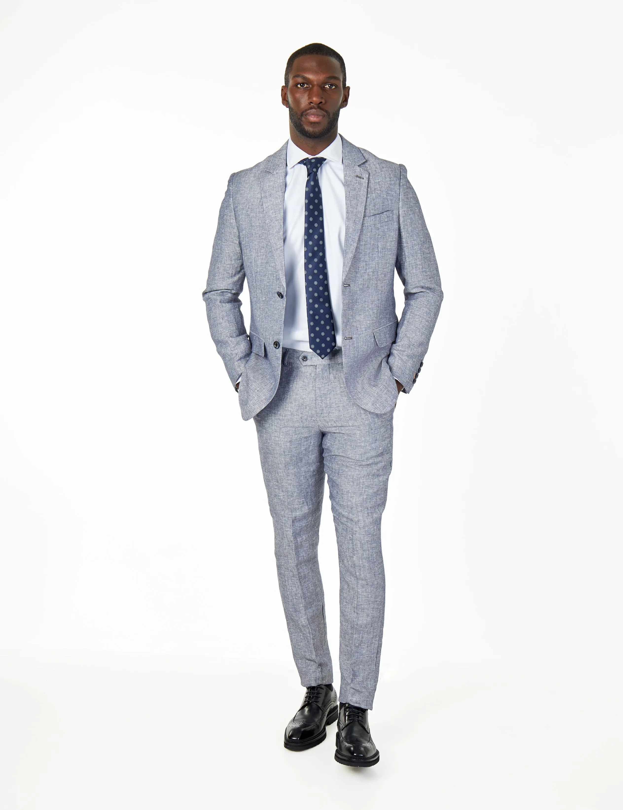 RAY - TAILORED FIT PURE HERRINGBONE LINEN GREY BLUE SUMMER SUIT