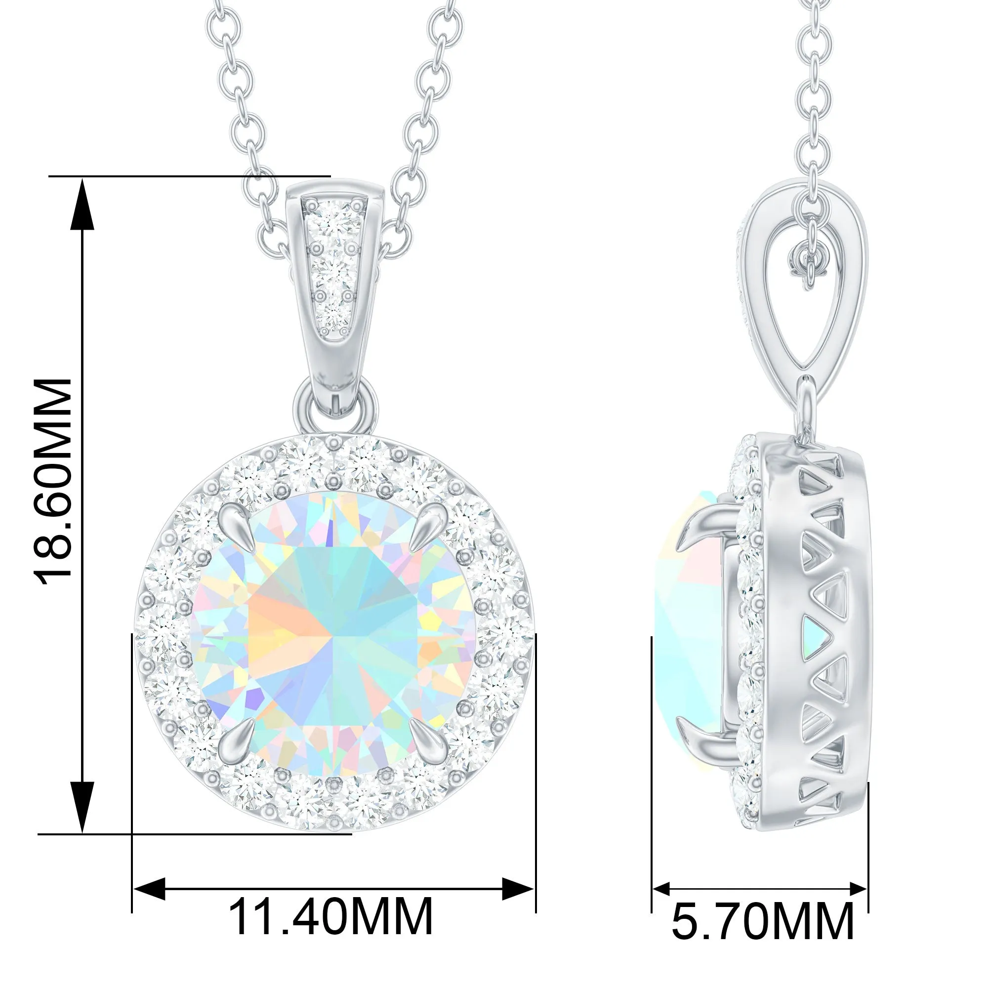 Real Ethiopian Opal and Moissanite Halo Pendant Necklace in Silver