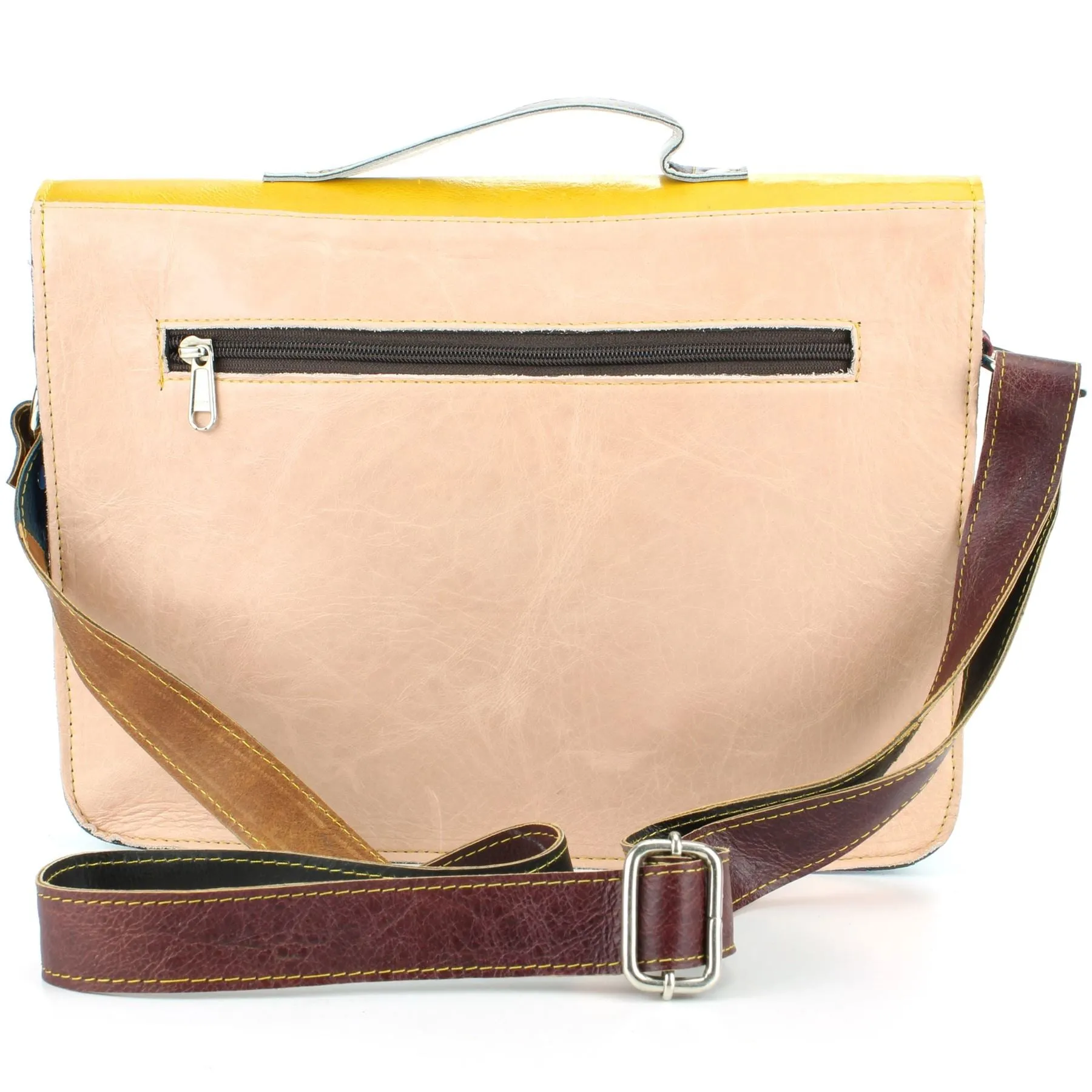 Real Leather Colourful Satchel Messenger Shoulder Bag - Yellow & Blue Mix