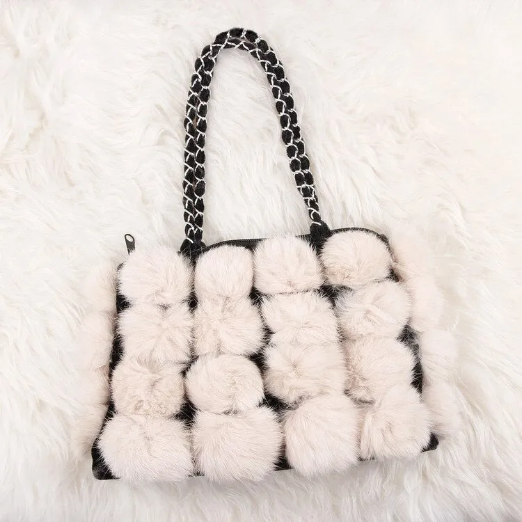 Real Rabbit Fur Ball Bag Handbag Lovely Side Bag Women Purse Totes SMALL Size 20*28 Good Choice for Chirstmas Gift FS040102