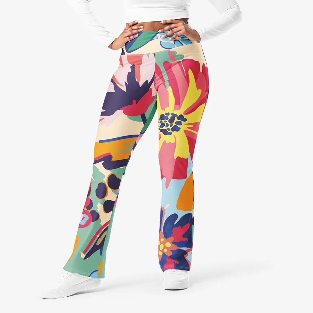 Recycled Flare leggings "Flower Splash" Red/Yellow/Blue