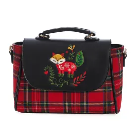 Red and Black Plaid Unique Fox Embroidered Handbag With Detachable Shoulder Strap